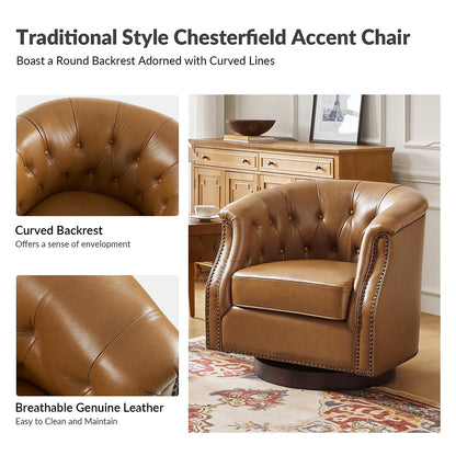 Camel genuine leather Chesterfield swivel rocking armchair with rolled arms