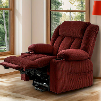 Burgundy padded power recliner with extended footrest and cup-holder arms