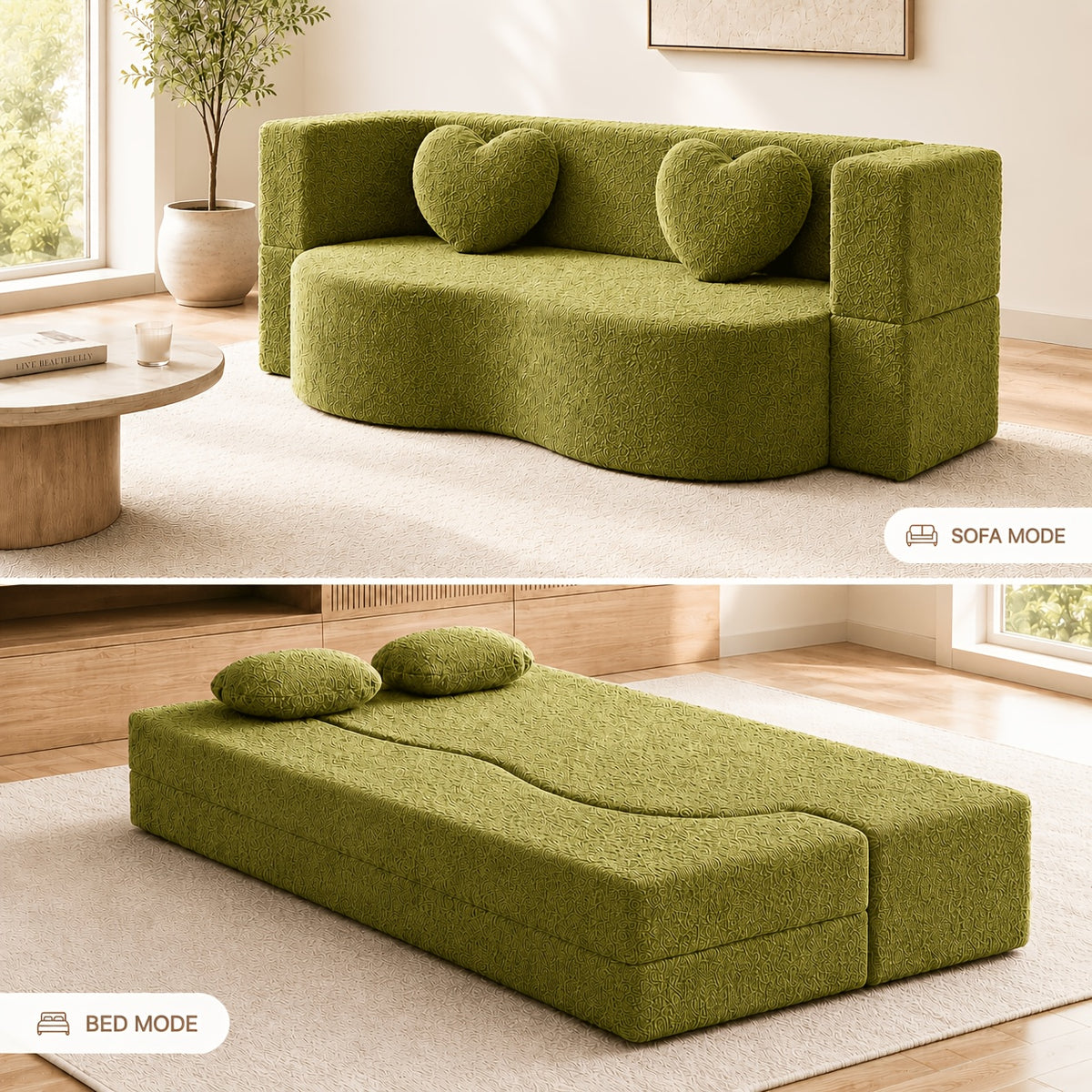 Olive green loveseat shown upright and unfolded into a flat sleeping surface