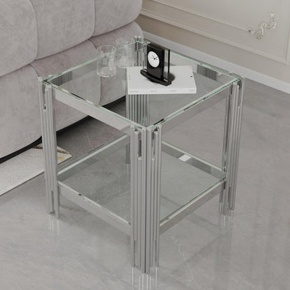 Square Two-Tier Glass End Table with Metal Frame - Transparent and Silvery