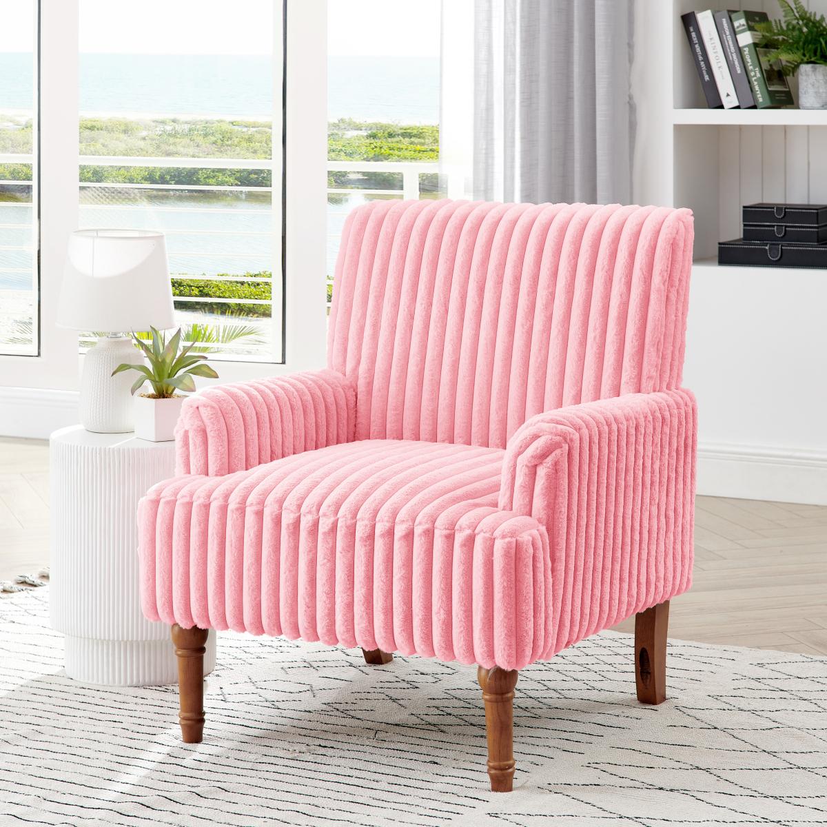 Wide-Wale Corduroy Accent Chair with Wood Legs — pink wide-ribbed chair