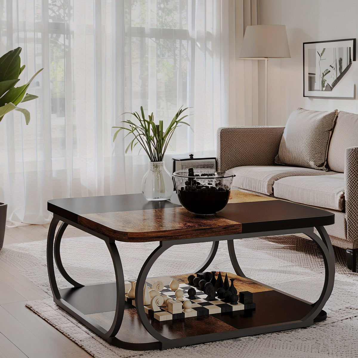 Brown-and-black square coffee table with curved frame and lower shelf beside a sofa