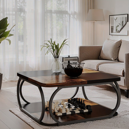 Brown-and-black square coffee table with curved frame and lower shelf beside a sofa