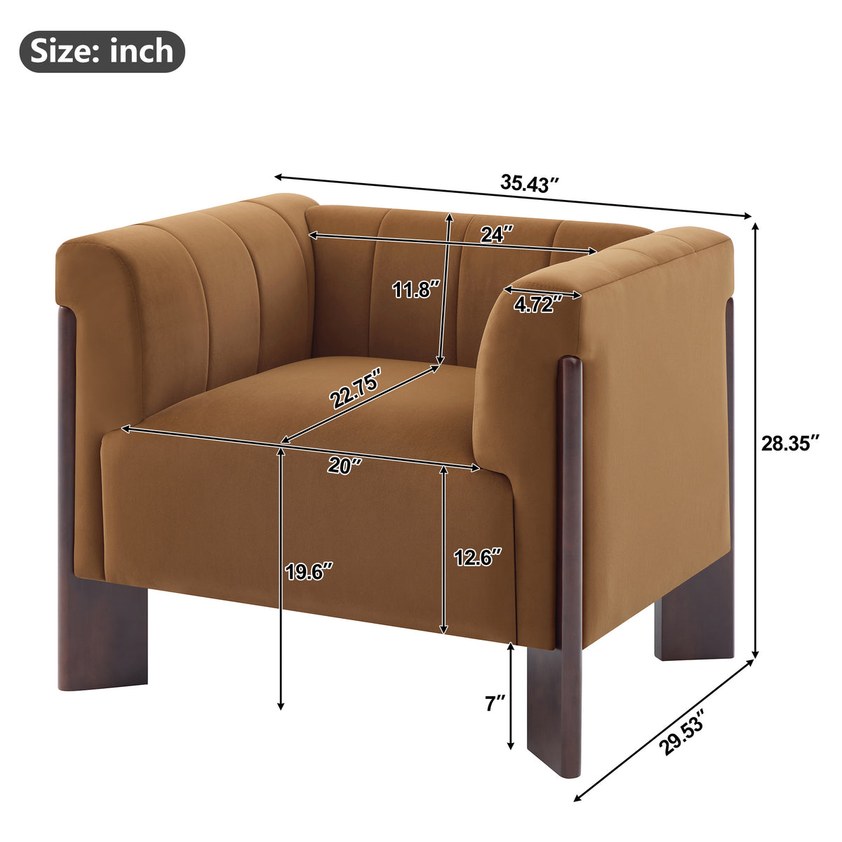 Caramel Channel-Back Velvet Armchair — overall and seat dimensions diagram