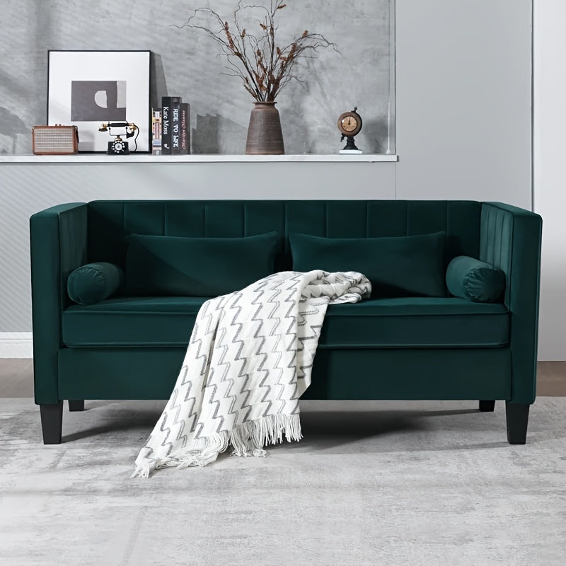 Cohaven Velvet Loveseat with Bolster Pillows — green upholstery option from the front.
