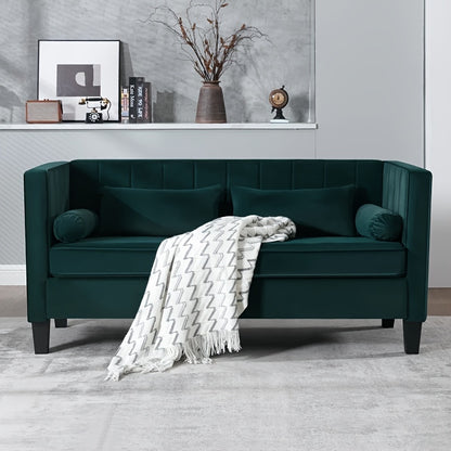 Cohaven Velvet Loveseat with Bolster Pillows — green upholstery option from the front.