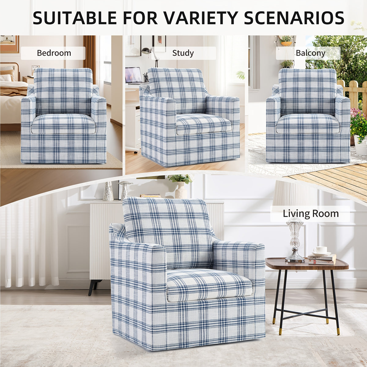 Plaid Swivel Accent Chair — blue plaid chair in several room settings