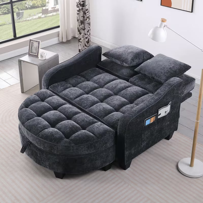 Tufted Loveseat with Storage Footrest — back reclined beside the footrest.