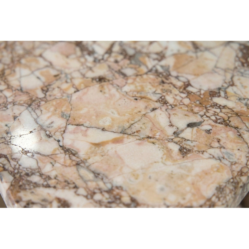 Luxury Natural Pink Marble Side Table with Hexagon Geometric Stone Pedestal Base - Modern Polished Marble Top Accent Table Suitable for Living Room, Bedroom, Small Spaces, Compact Furniture, No Assembly Required,
