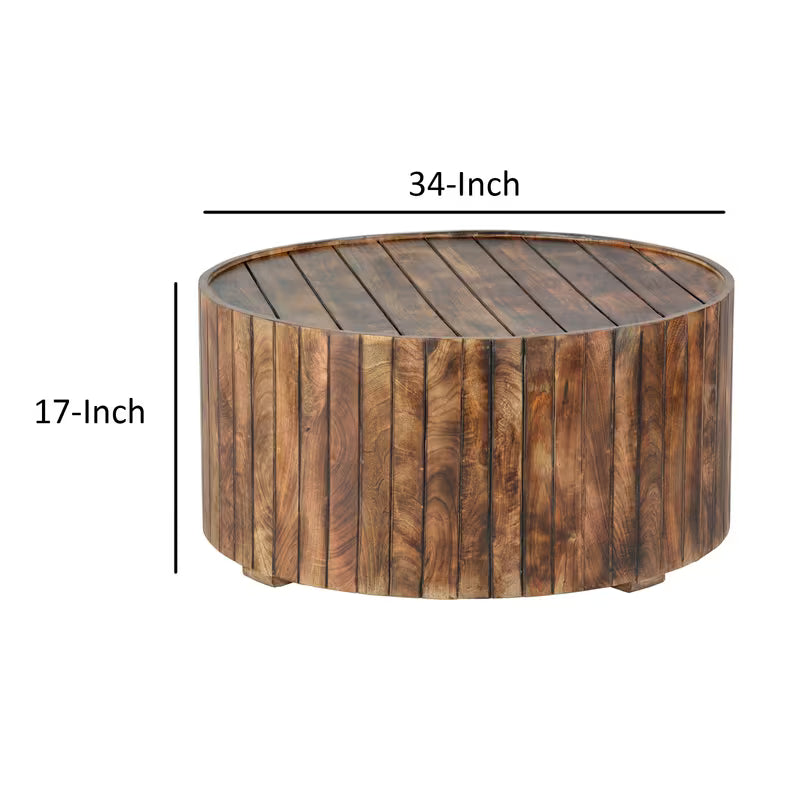 Dimension diagram of the round plank-style drum coffee table