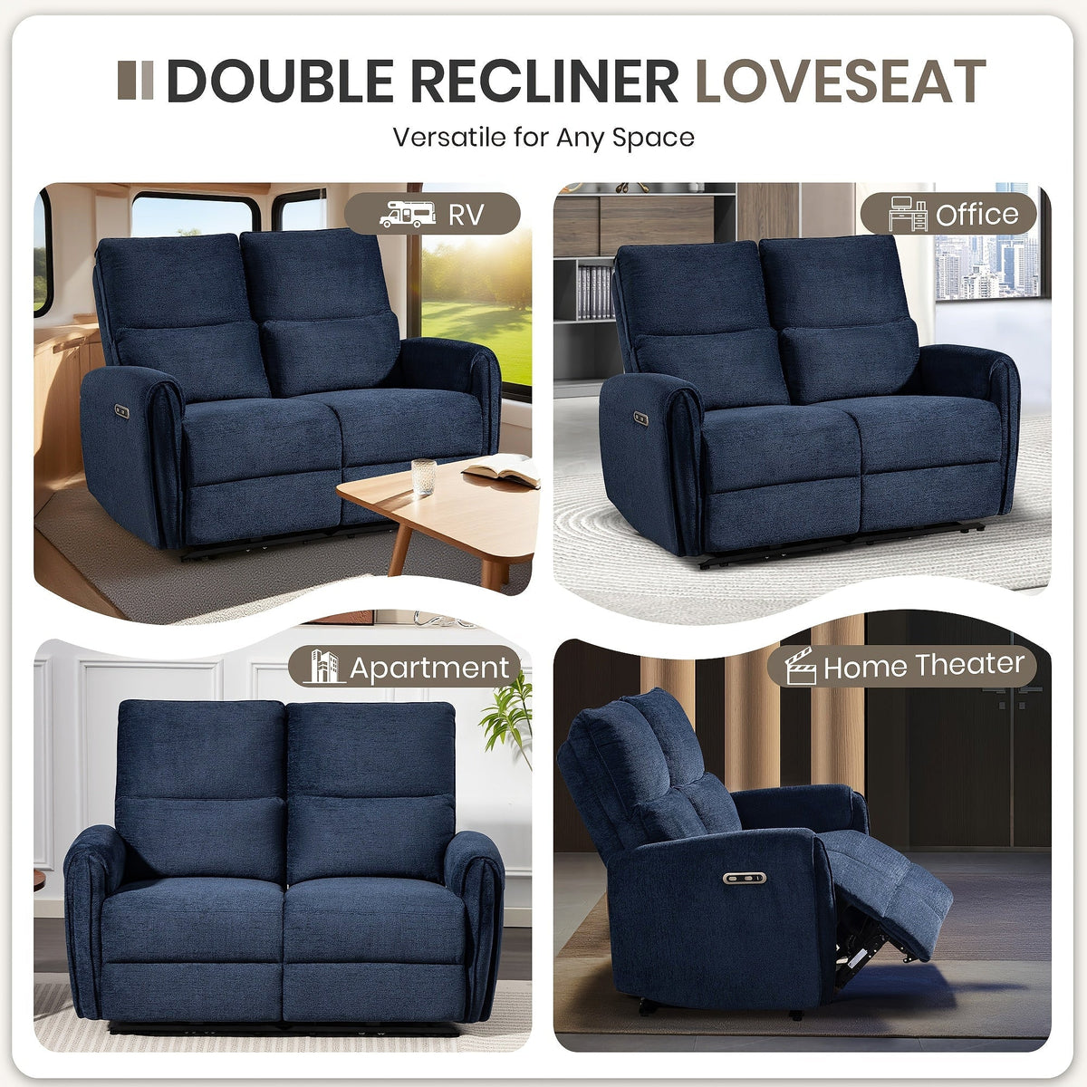 Blue double-recliner loveseat pictured in RV, office, apartment and home-theater settings.