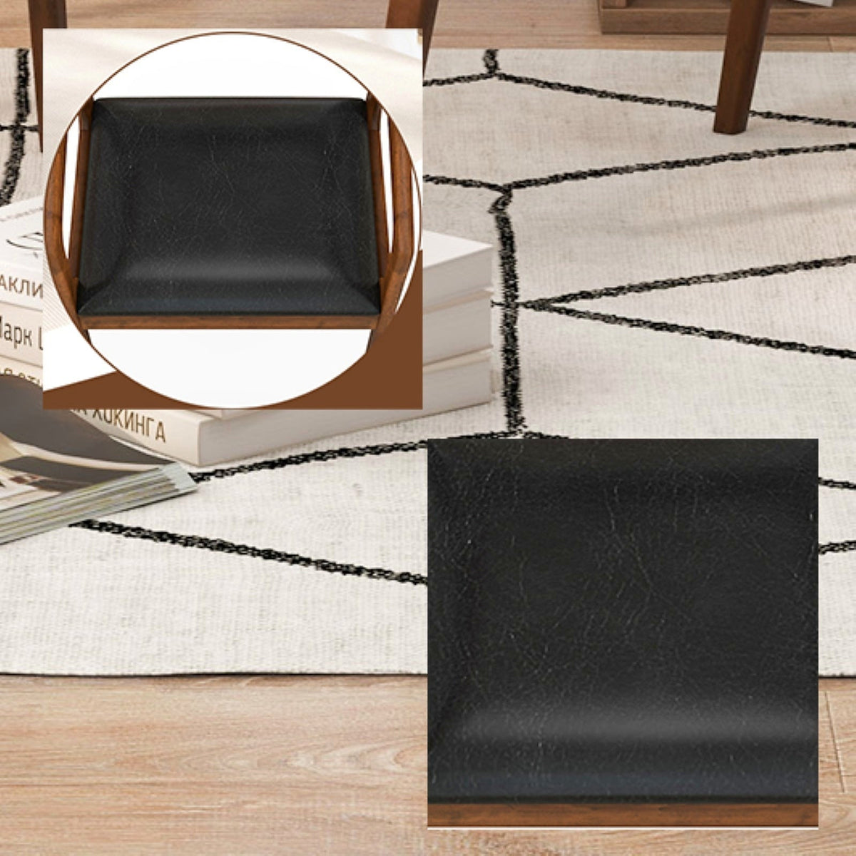 Black faux leather dining armchair with a warm wood frame