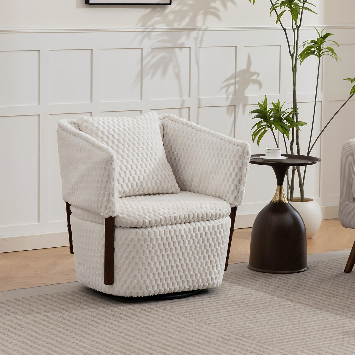 Textured Swivel Accent Chair with Storage — beige chair viewed from the front corner