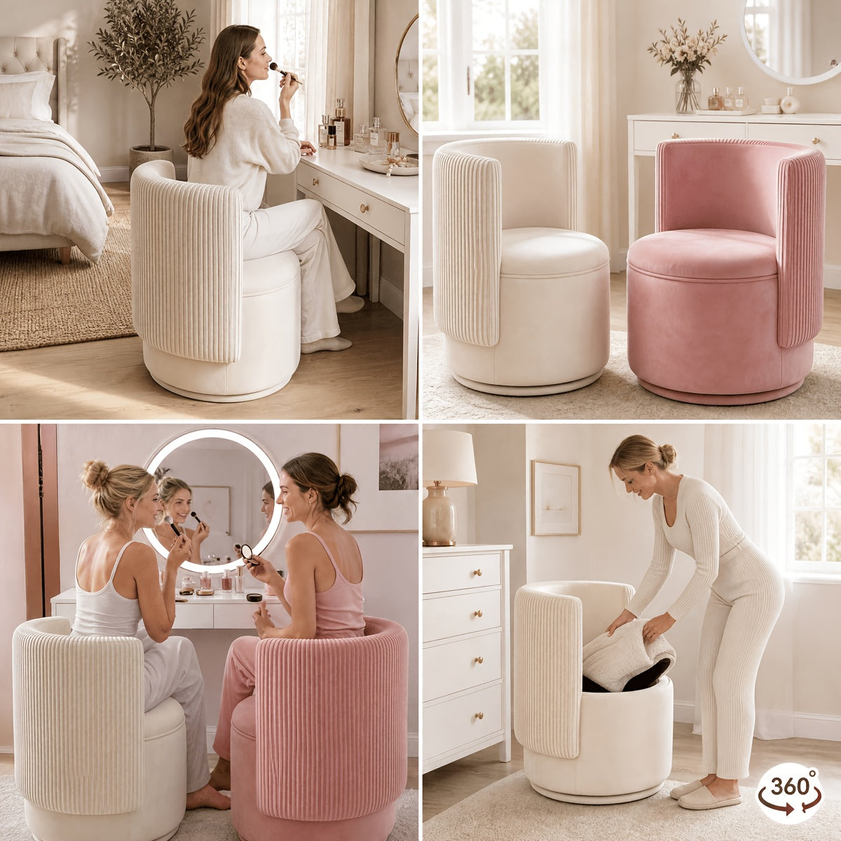 Storage chair use-case collage including removable seat