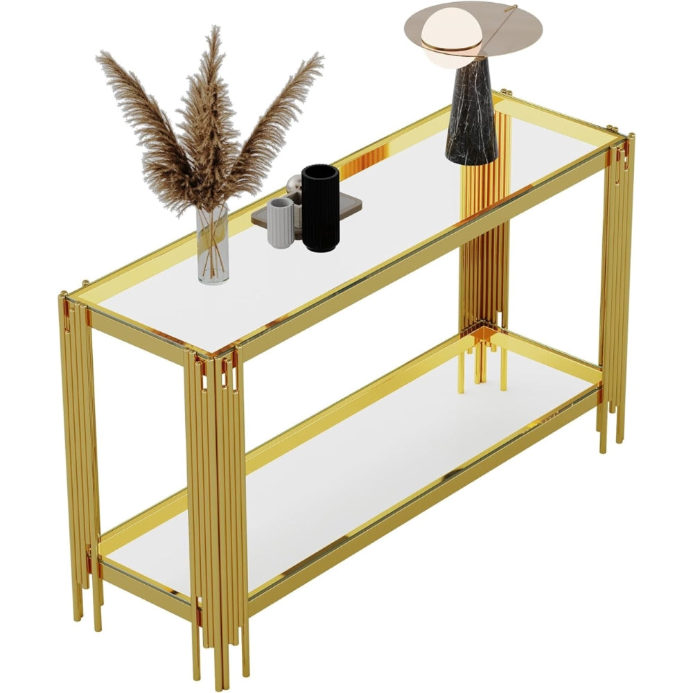Clear glass and gold frame console isolated on white from above.