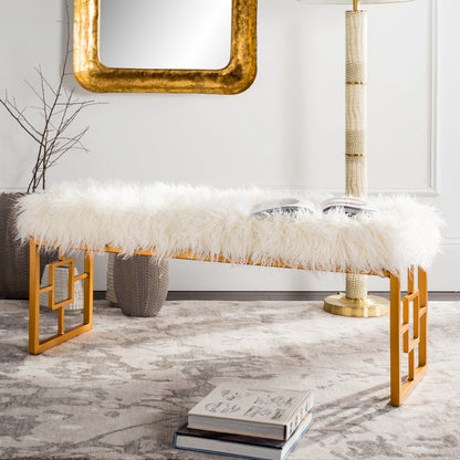 Mera Ivory Faux-Lamb Bench with Gold-Tone Base — full bench under a gold-framed mirror
