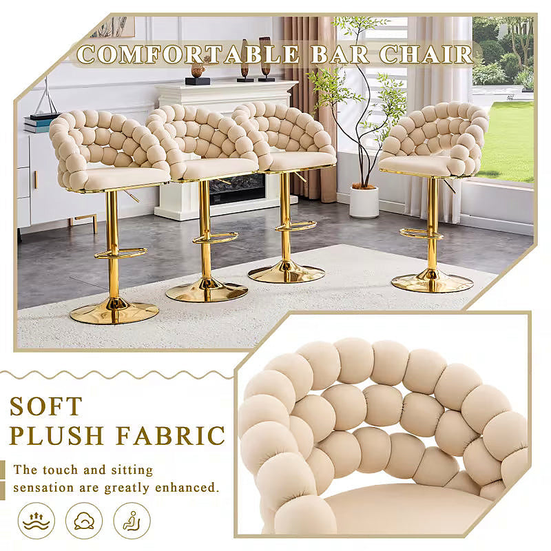 Beige bubble velvet bar stool with a gold tone base