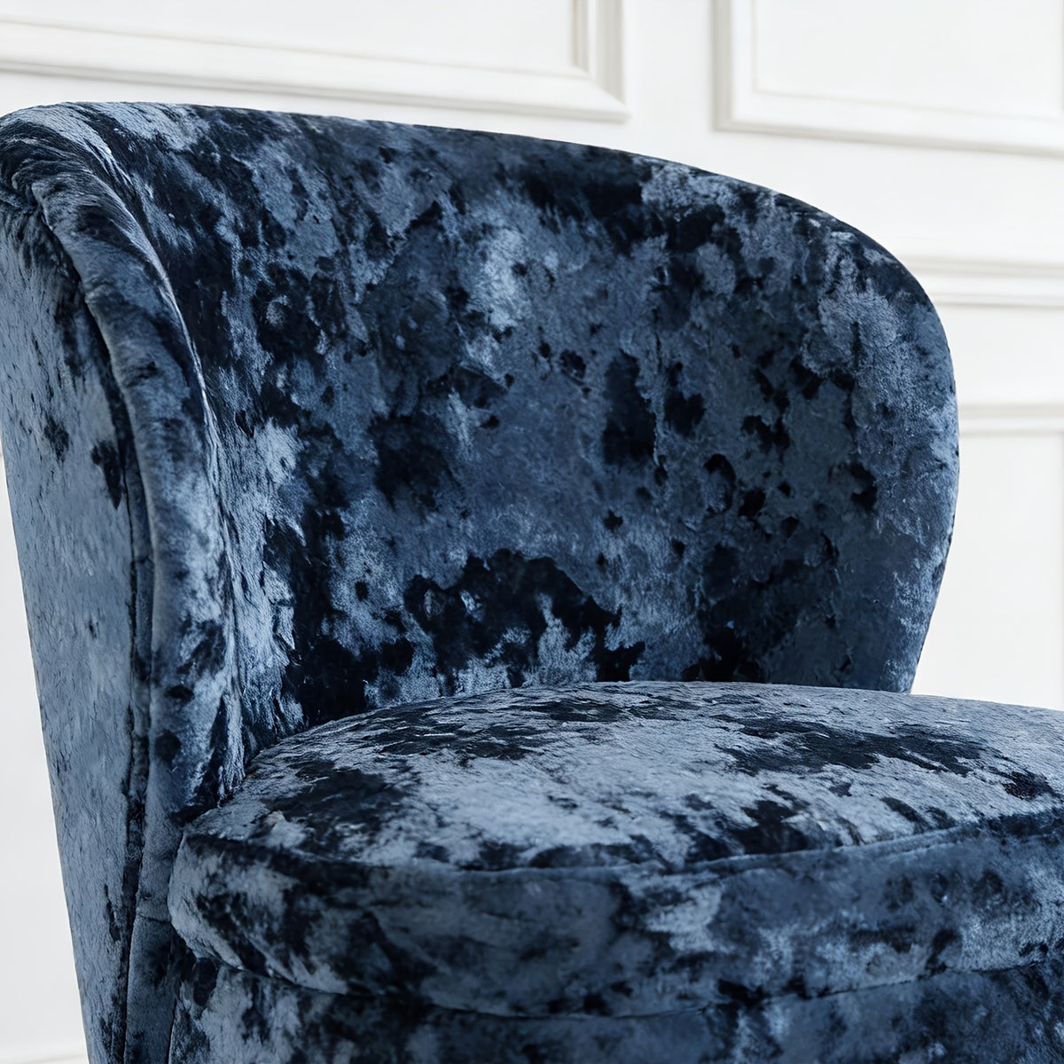 Crushed Velvet Accent Chair with Wood Legs — blue crushed velvet texture close-up.