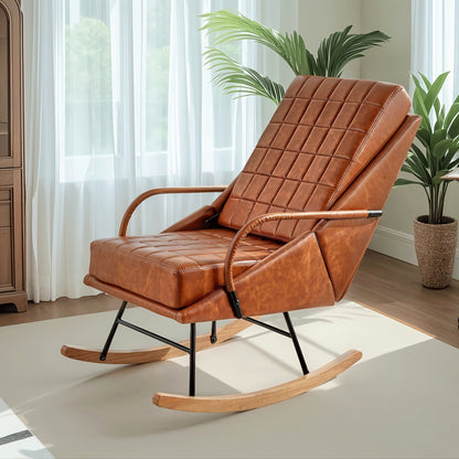 Brown high back grid stitched rocking chair with wood runners and a black metal support frame