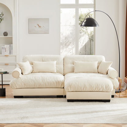 Cream Velvet Sofa with Matching Ottoman — front view of sofa and ottoman.