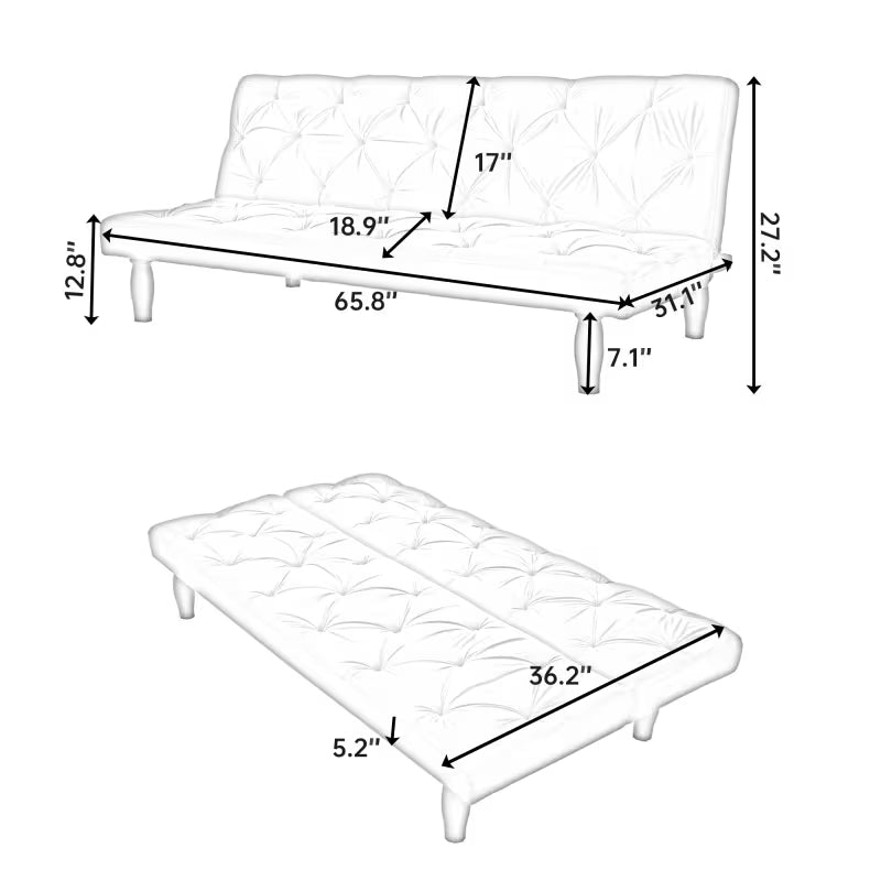 Dimension drawing of the pink convertible sofa in seated and flat positions