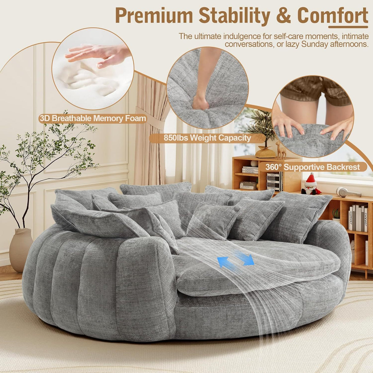 Oversized Round Chenille Lounge Sofa — light grey foam and backrest detail panel.