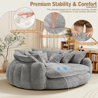 Oversized Round Chenille Lounge Sofa — light grey foam and backrest detail panel.