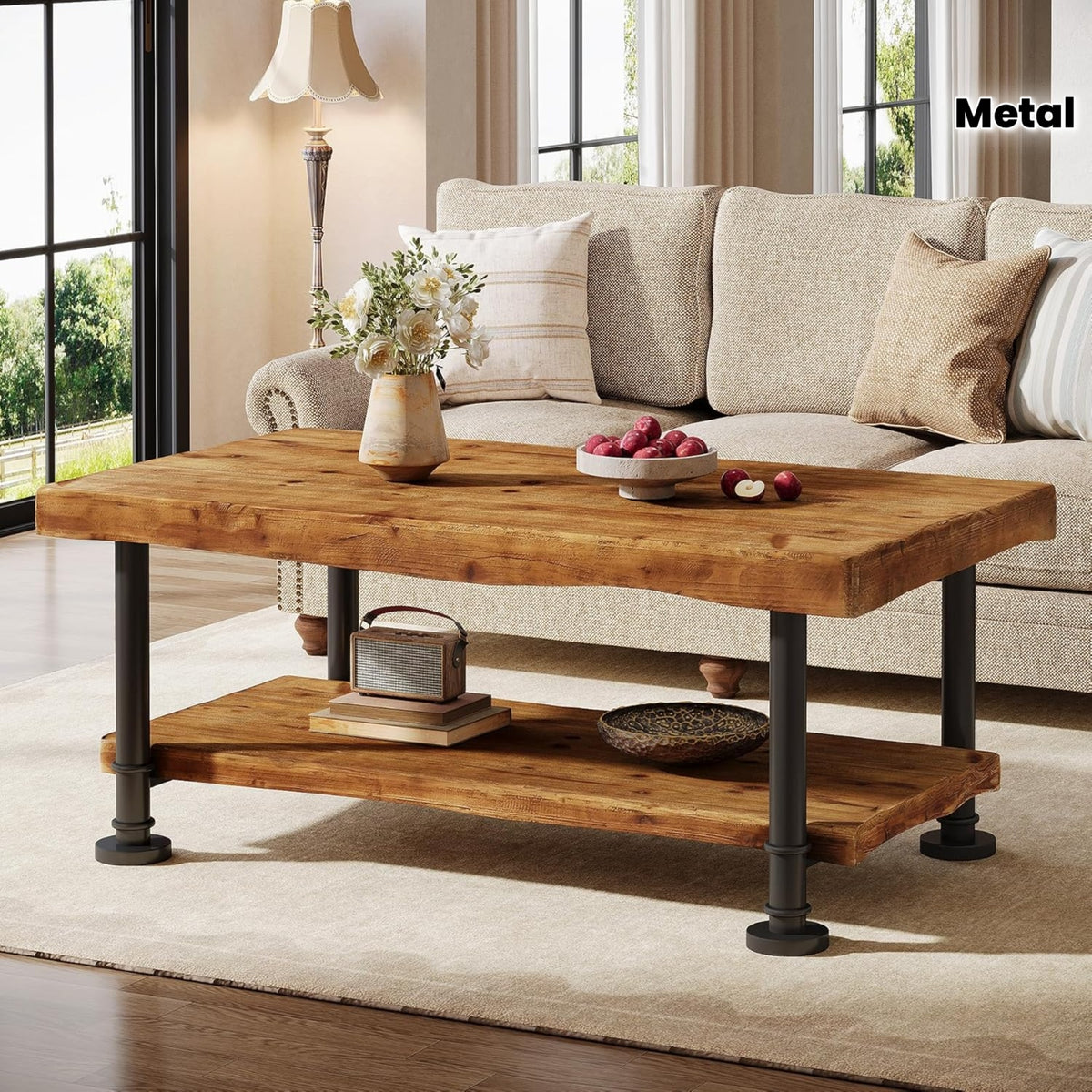 Supplier-labeled room view of rustic two-tier coffee table