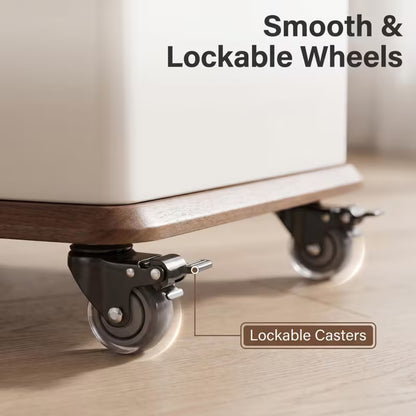 Close-up of the side table's caster wheel and brake lever