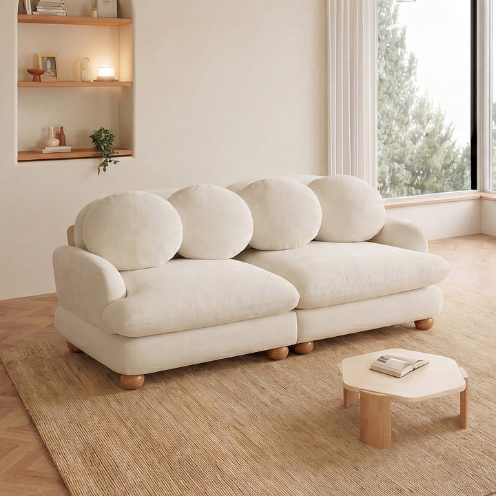 Clover beige chenille loveseat with rounded wood feet