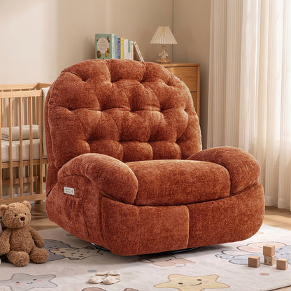 Orange chenille power swivel rocker recliner with a side pocket