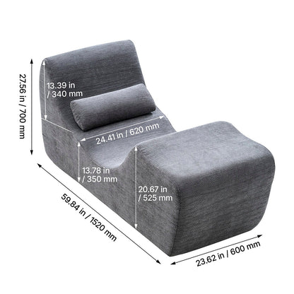 Gray fabric foam yoga chaise with a lumbar pillow — dimension diagram