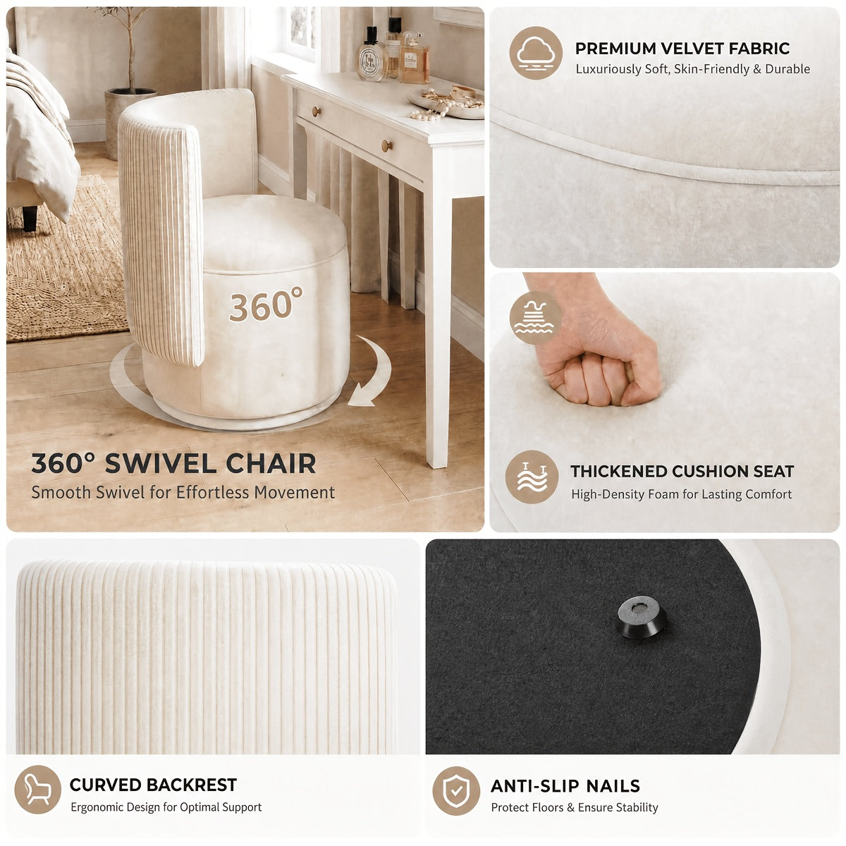Supplier graphic of swivel upholstery backrest and foot pads