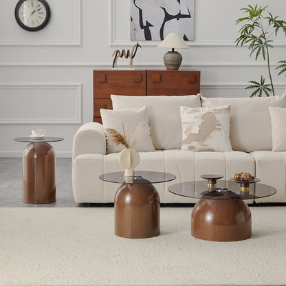 Three brown tables by sofa