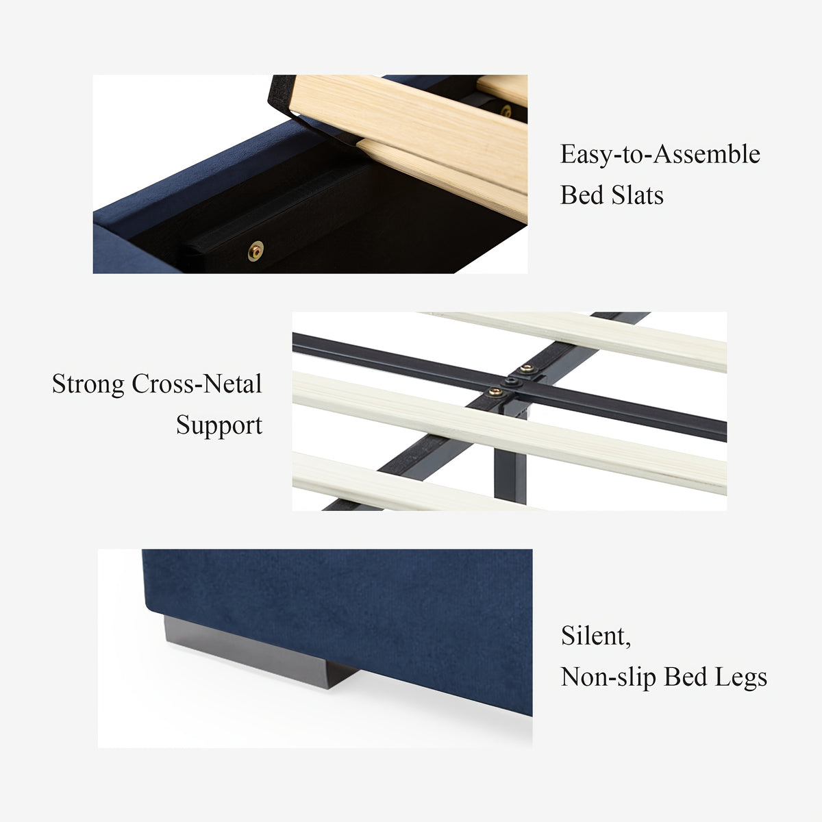 Bed construction collage showing slats, center support and upholstered side rail