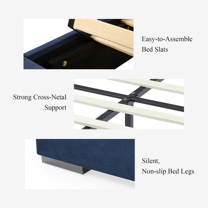 Bed construction collage showing slats, center support and upholstered side rail