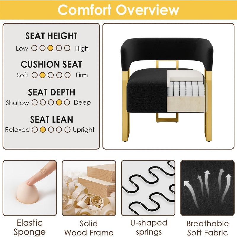 Cutout-Back Accent Chair with Gold-Tone Base — cushion comfort and frame construction illustration