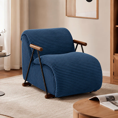 Navy wide corduroy lounge chair with wood arms and a black metal frame