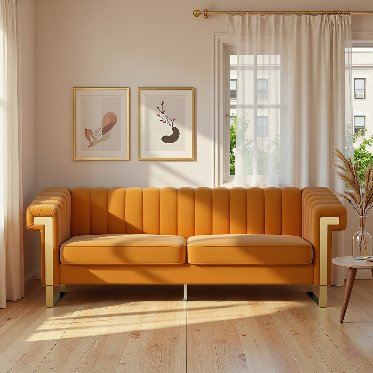 Orange Channel-Tufted Velvet Sofa — front view in a living room.