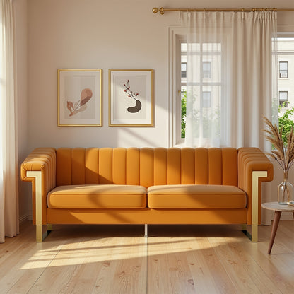 Orange Channel-Tufted Velvet Sofa — front view in a living room.