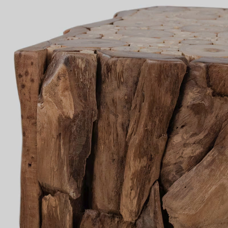 Close-up of the textured root-style side and flat top of the cube end table