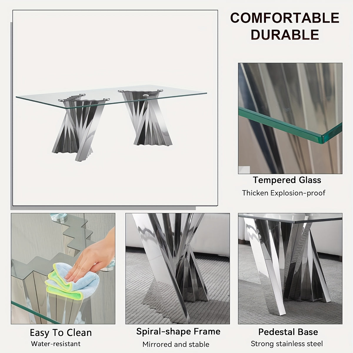 Glass-Top Tables with Twisted Stainless-Steel Bases