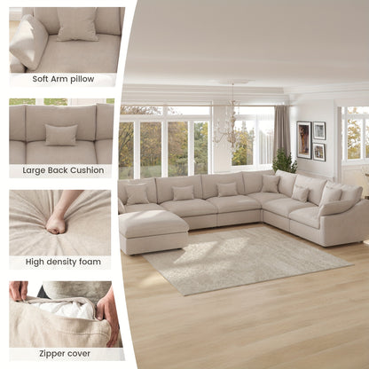 155-Inch Chenille L-Shaped Modular Sectional — cushion, zipper and padding feature collage