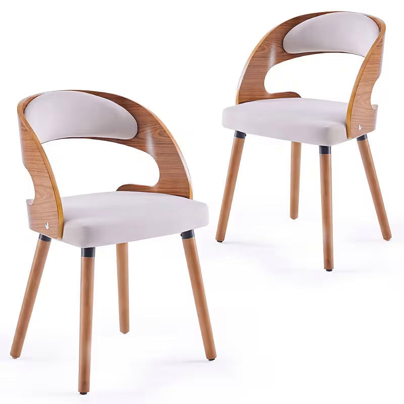 White upholstered dining chair with a curved brown wood look back