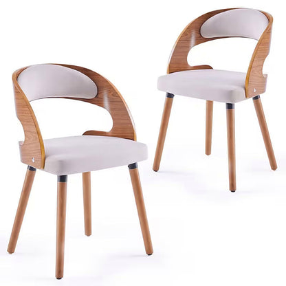 White upholstered dining chair with a curved brown wood look back