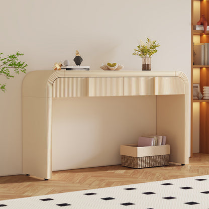 Apricot Cream fluted two-drawer console styled in a warm neutral entryway.