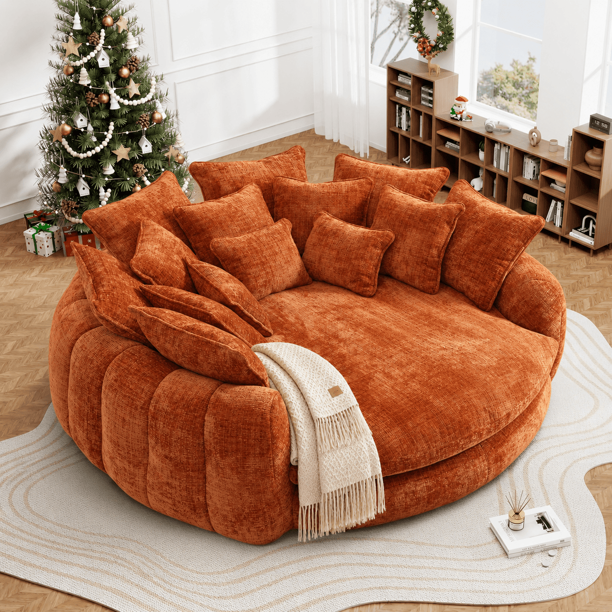 Oversized Round Chenille Lounge Sofa — orange upholstery option.