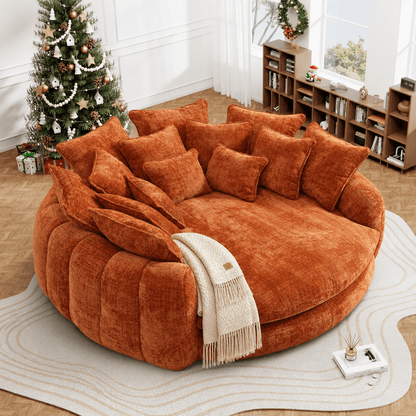 Oversized Round Chenille Lounge Sofa — orange upholstery option.