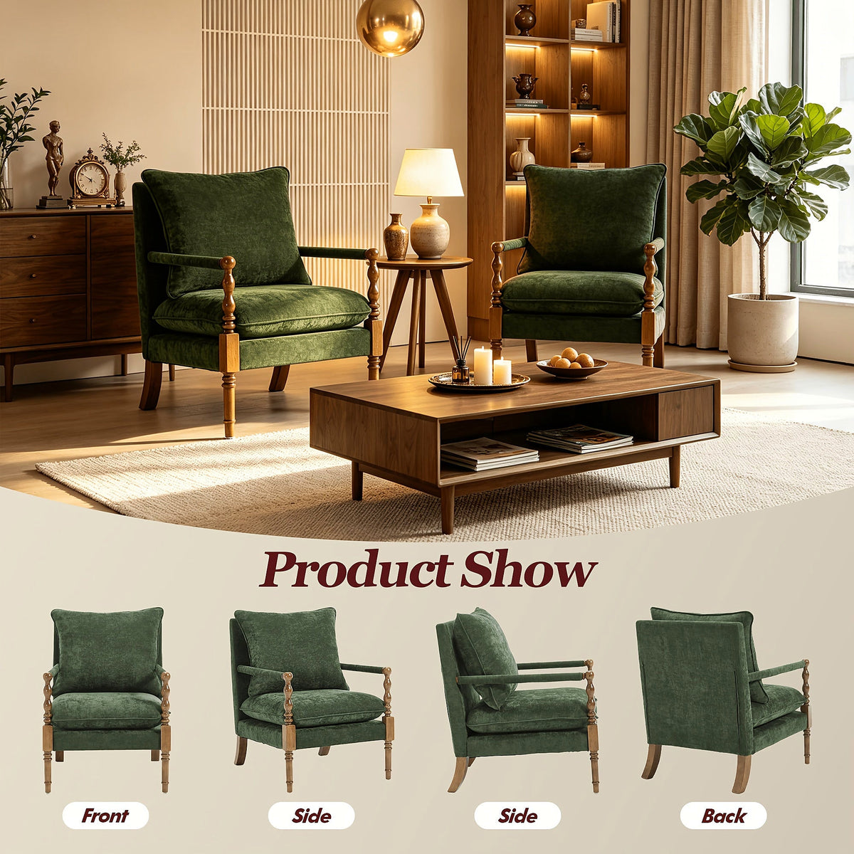 Green upholstered accent chair with turned wood front posts — living room setting