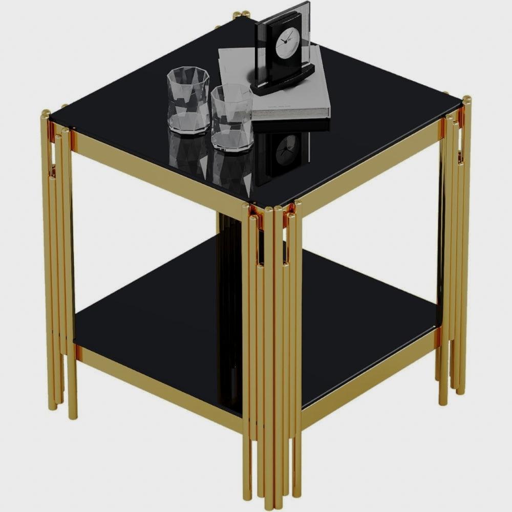 Square Two-Tier Glass End Table with Metal Frame